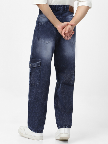 Men's Navy Loose Baggy Fit Washed Cargo Jeans with 6 Pockets Non-Stretchable