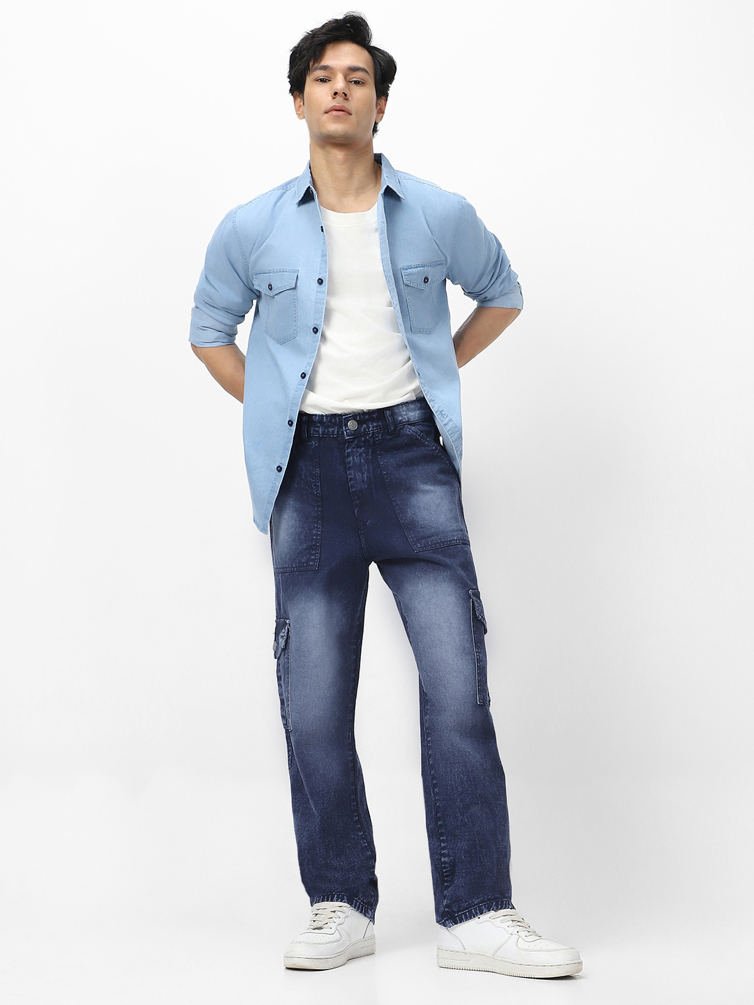 Men's Navy Loose Baggy Fit Washed Cargo Jeans with 6 Pockets Non-Stretchable