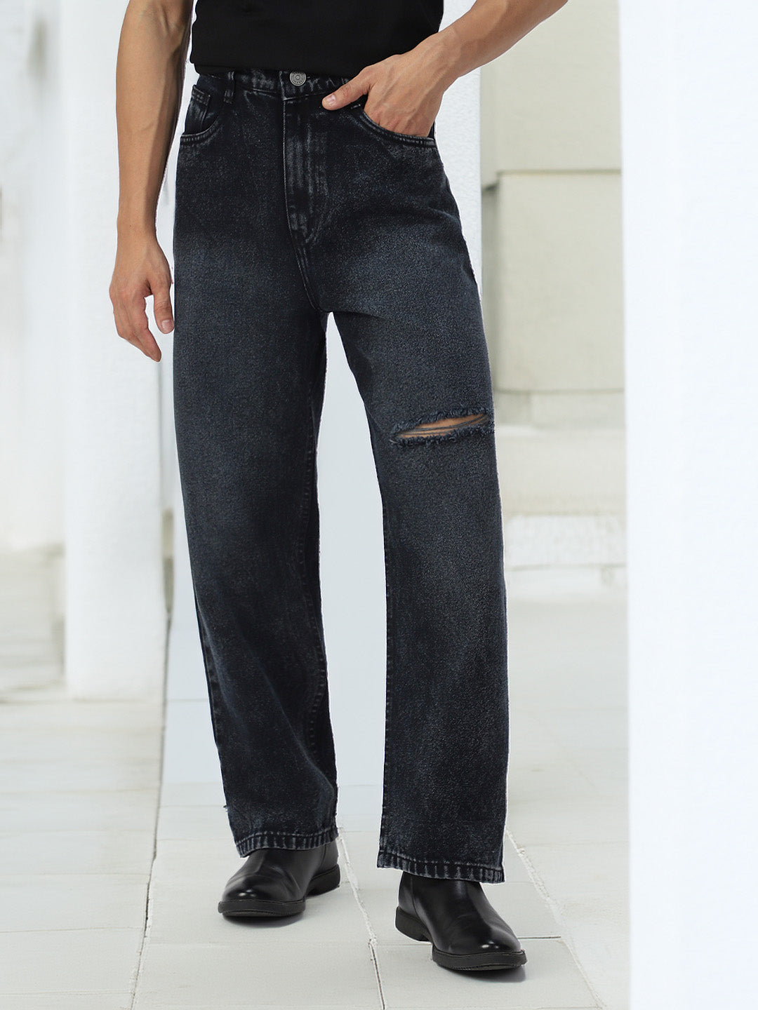 Men's Black Loose Baggy Fit Washed Distressed/Torn Jeans Non-Stretchable