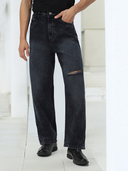 Men's Black Loose Baggy Fit Washed Distressed/Torn Jeans Non-Stretchable