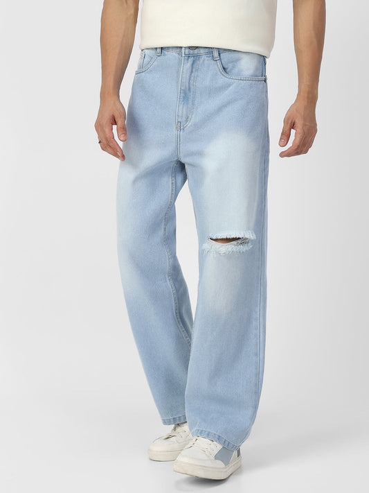 Men's Ice Blue Loose Baggy Fit Washed Distressed/Torn Jeans Non-Stretchable