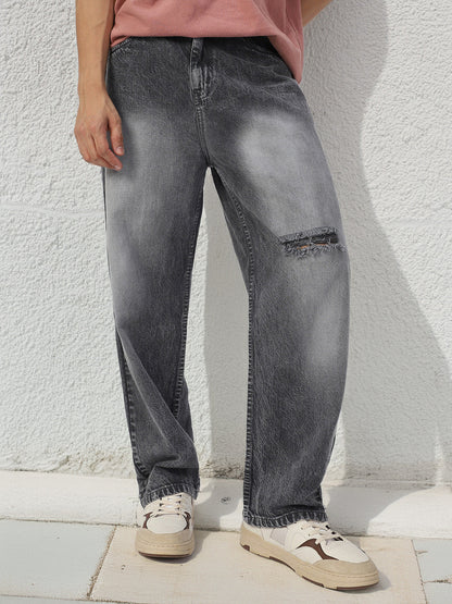 Men's Grey Loose Baggy Fit Washed Distressed/Torn Jeans Non-Stretchable