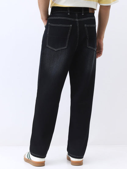 Men's Black Loose Baggy Fit Washed Jeans Non-Stretchable