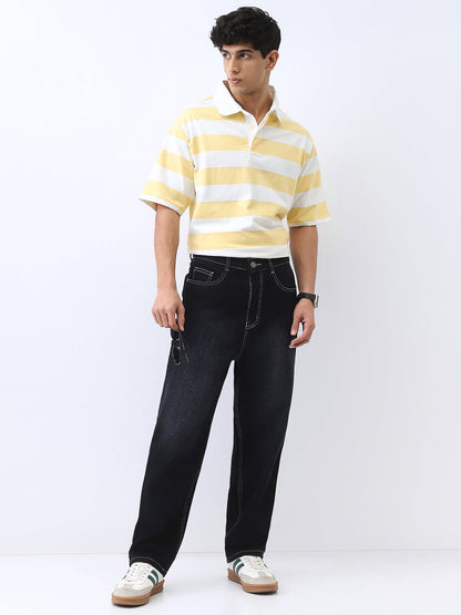 Men's Black Loose Baggy Fit Washed Jeans Non-Stretchable