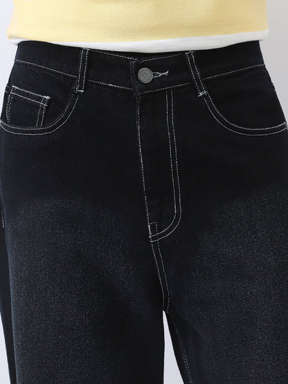 Men's Black Loose Baggy Fit Washed Jeans Non-Stretchable