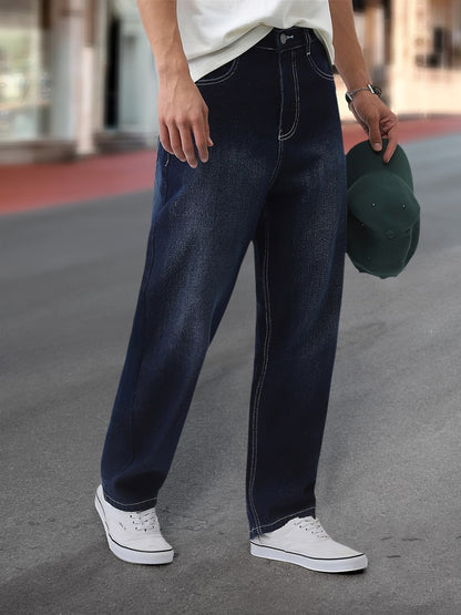 Men's Dark Blue Loose Baggy Fit Washed Jeans Non-Stretchable