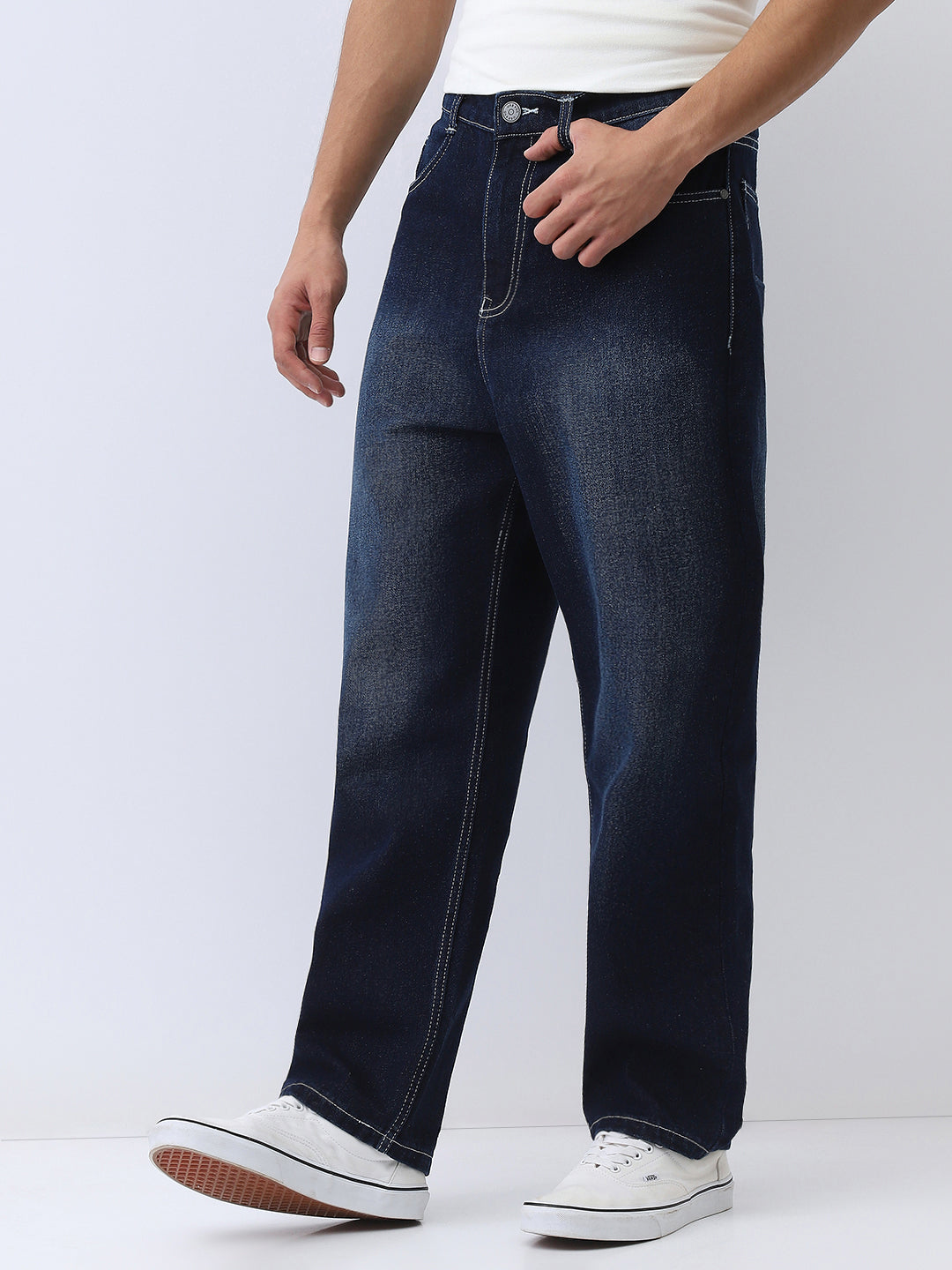 Men's Dark Blue Loose Baggy Fit Washed Jeans Non-Stretchable