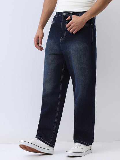 Men's Dark Blue Loose Baggy Fit Washed Jeans Non-Stretchable