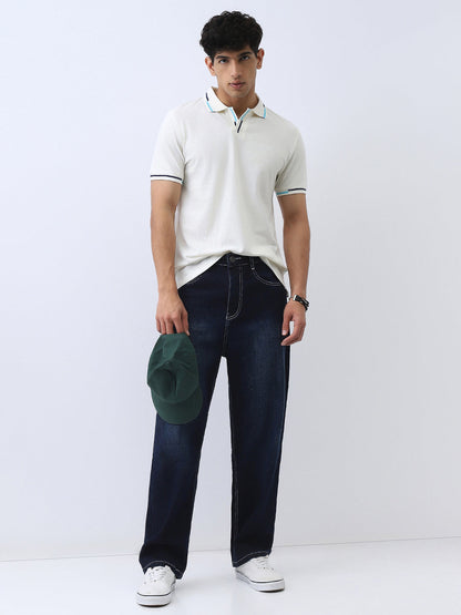 Men's Dark Blue Loose Baggy Fit Washed Jeans Non-Stretchable