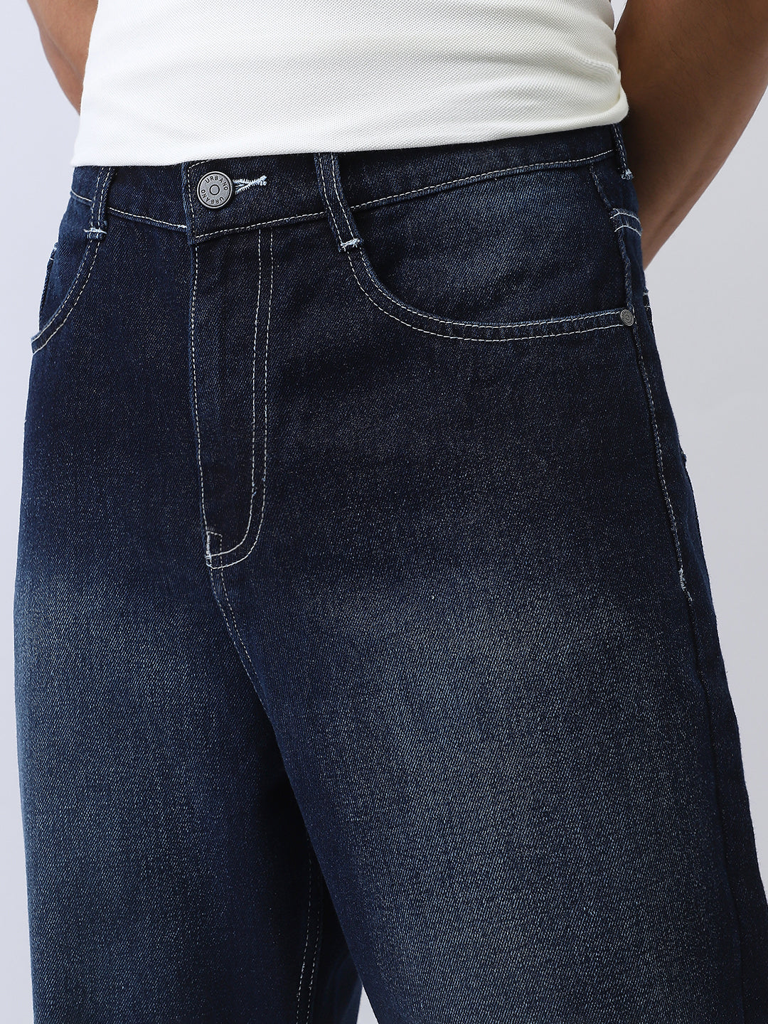 Men's Dark Blue Loose Baggy Fit Washed Jeans Non-Stretchable