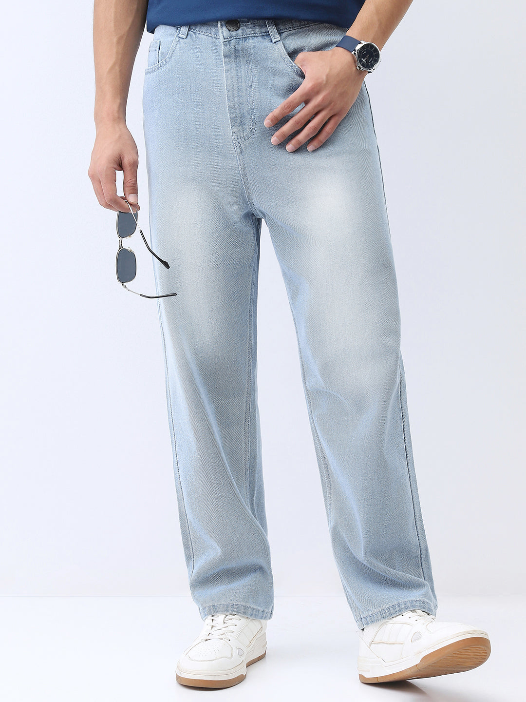 Men's Ice Blue Loose Baggy Fit Washed Jeans Non-Stretchable