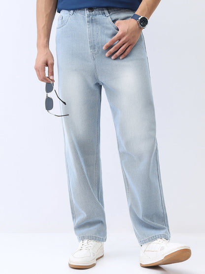 Men's Ice Blue Loose Baggy Fit Washed Jeans Non-Stretchable