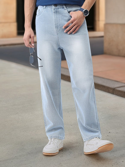 Men's Ice Blue Loose Baggy Fit Washed Jeans Non-Stretchable