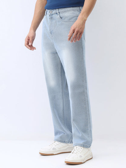Men's Ice Blue Loose Baggy Fit Washed Jeans Non-Stretchable