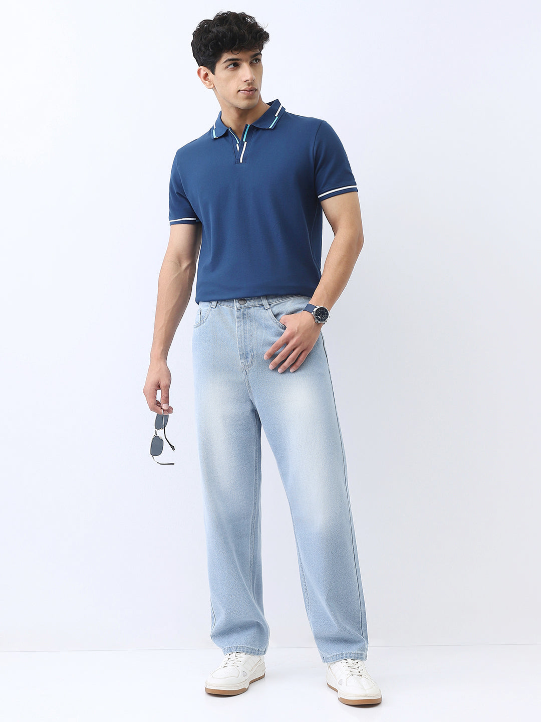 Men's Ice Blue Loose Baggy Fit Washed Jeans Non-Stretchable