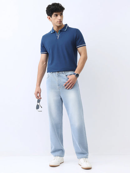 Men's Ice Blue Loose Baggy Fit Washed Jeans Non-Stretchable