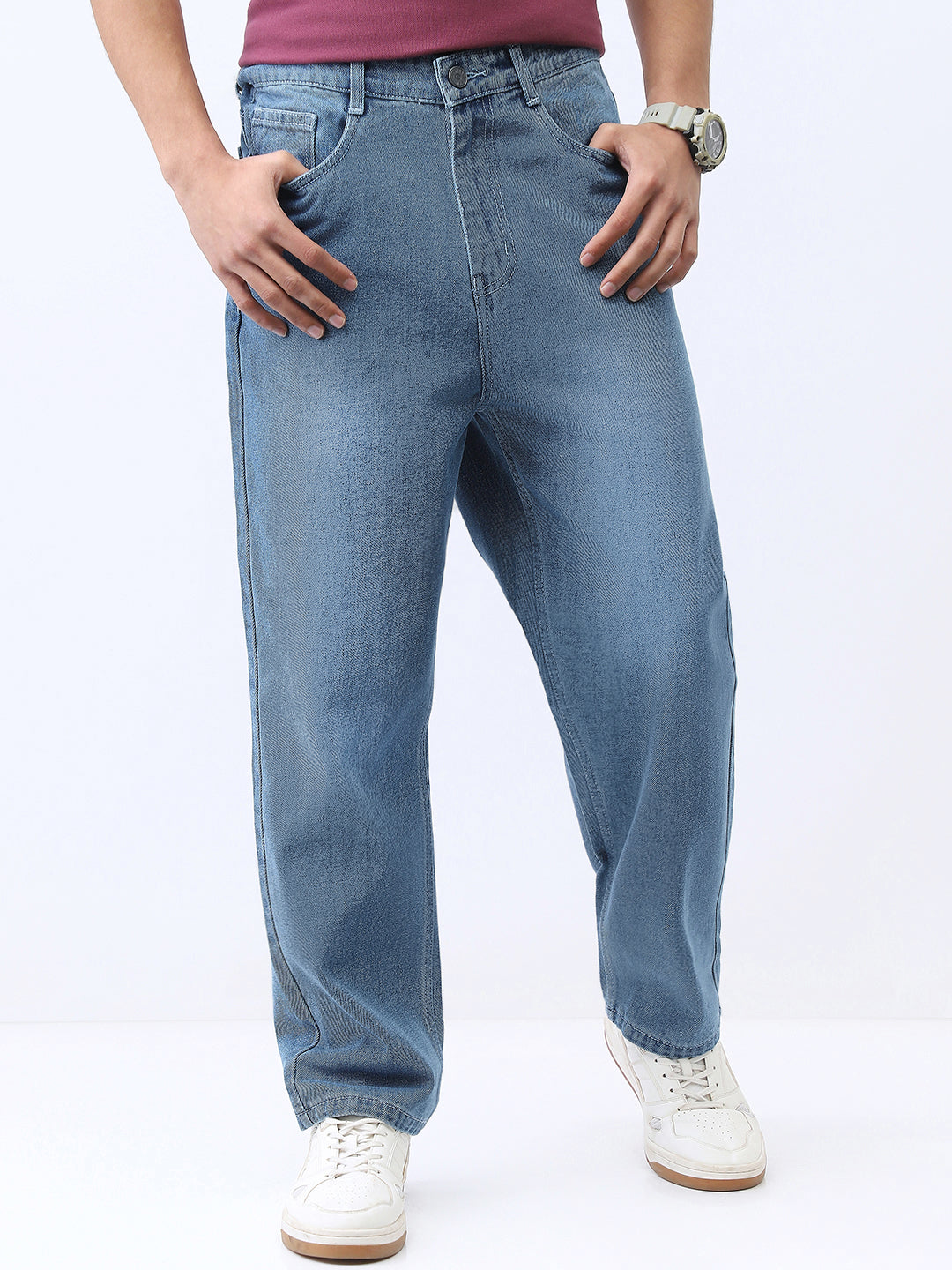 Men's Light Blue Loose Baggy Fit Washed Jeans Non-Stretchable