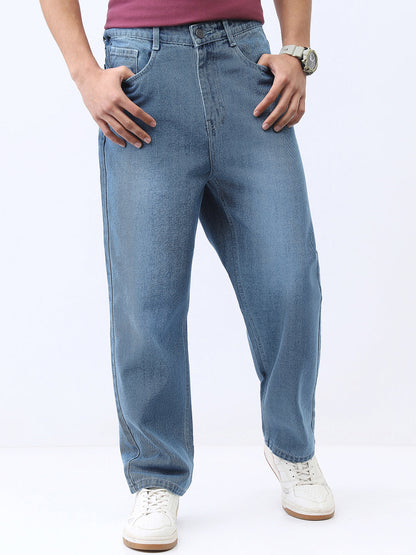 Men's Light Blue Loose Baggy Fit Washed Jeans Non-Stretchable