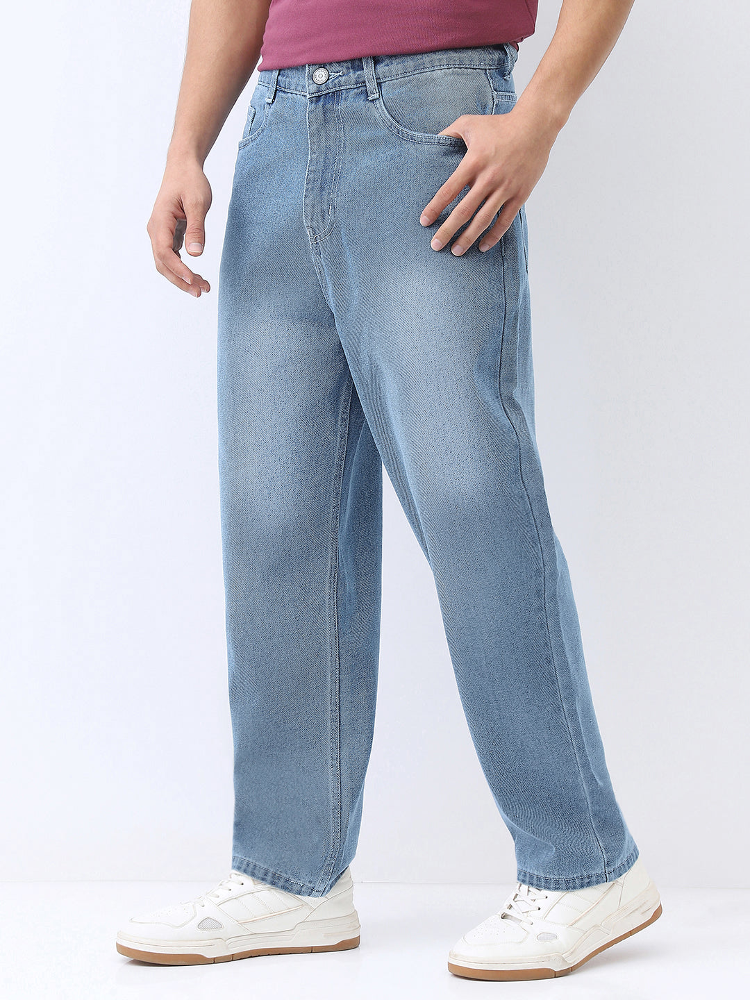 Men's Light Blue Loose Baggy Fit Washed Jeans Non-Stretchable
