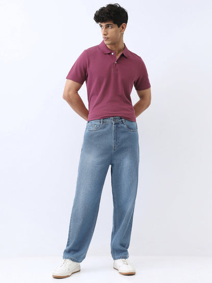 Men's Light Blue Loose Baggy Fit Washed Jeans Non-Stretchable