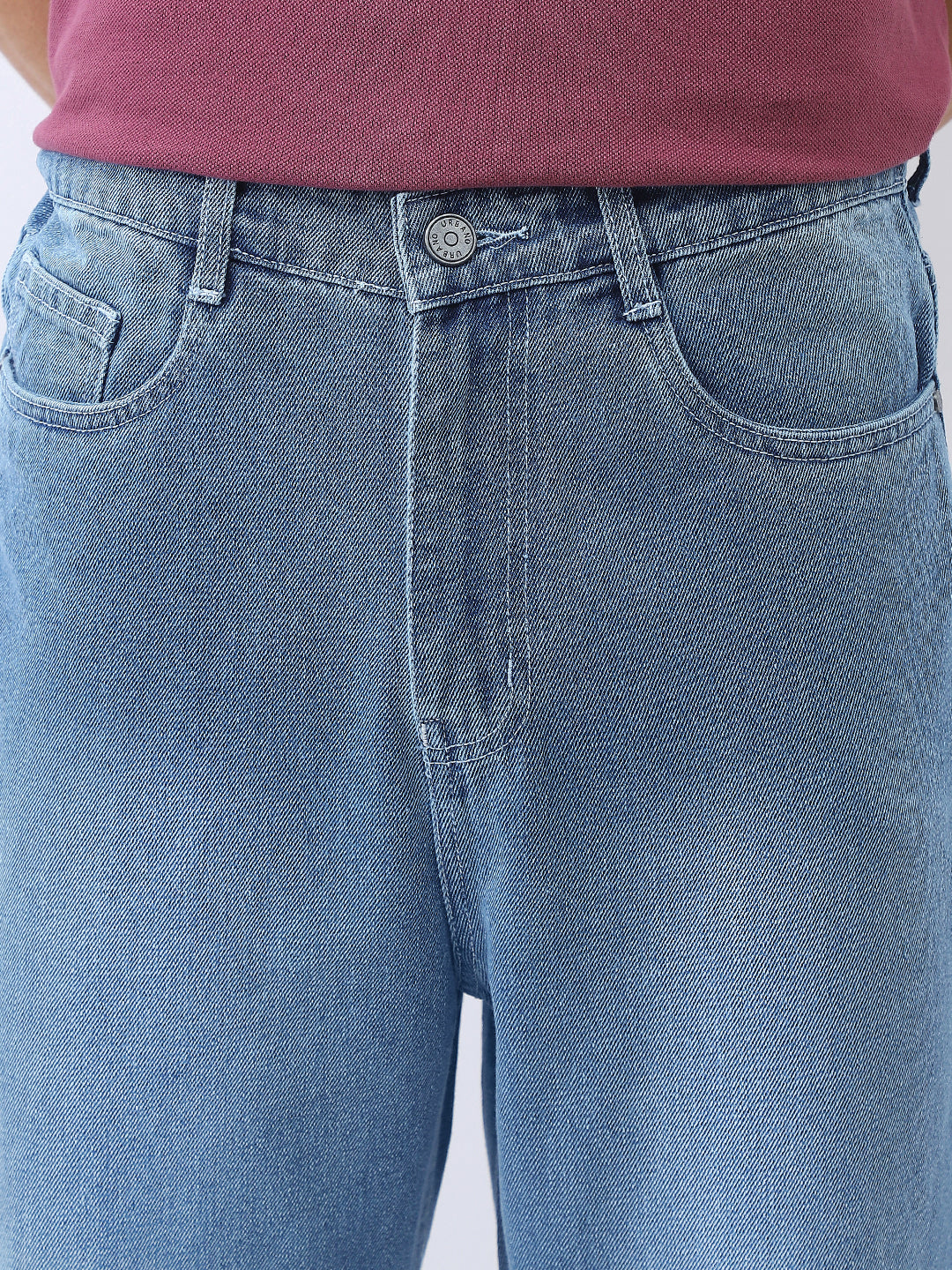 Men's Light Blue Loose Baggy Fit Washed Jeans Non-Stretchable