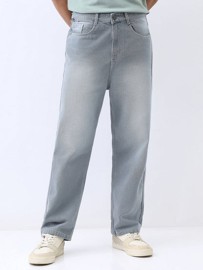 Men's Light Grey Loose Baggy Fit Washed Jeans Non-Stretchable