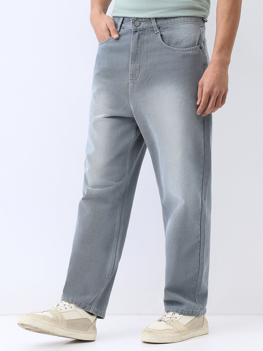 Men's Light Grey Loose Baggy Fit Washed Jeans Non-Stretchable