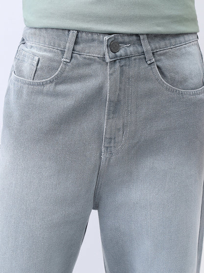 Men's Light Grey Loose Baggy Fit Washed Jeans Non-Stretchable