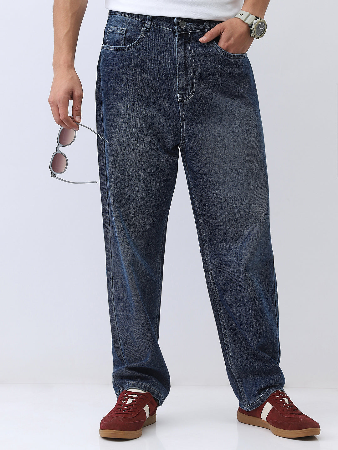 Men's Blue Loose Baggy Fit Washed Jeans Non-Stretchable