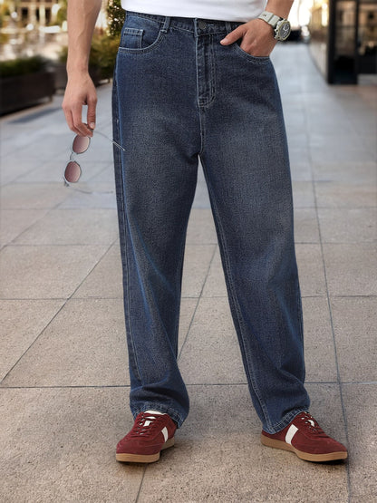 Men's Blue Loose Baggy Fit Washed Jeans Non-Stretchable