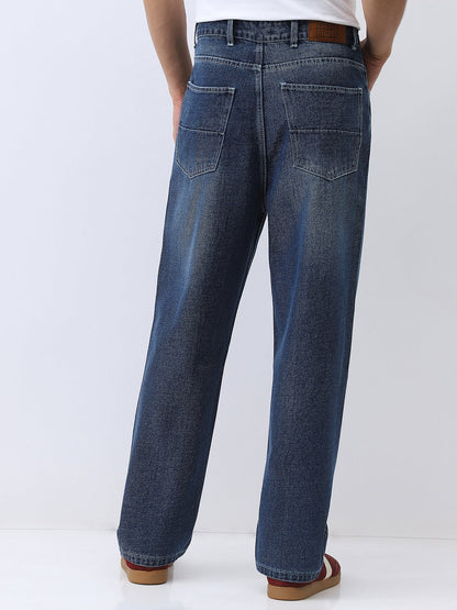 Men's Blue Loose Baggy Fit Washed Jeans Non-Stretchable