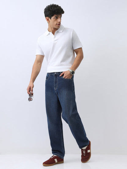 Men's Blue Loose Baggy Fit Washed Jeans Non-Stretchable