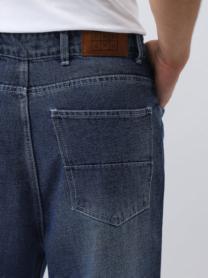Men's Blue Loose Baggy Fit Washed Jeans Non-Stretchable