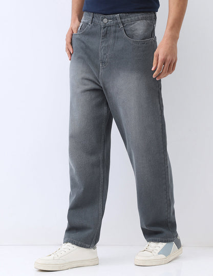Men's Grey Loose Baggy Fit Washed Jeans Non-Stretchable