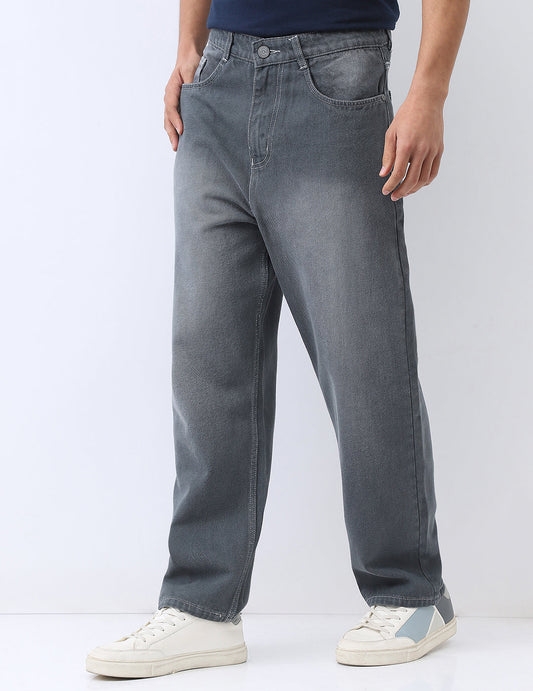 Men's Grey Loose Baggy Fit Washed Jeans Non-Stretchable