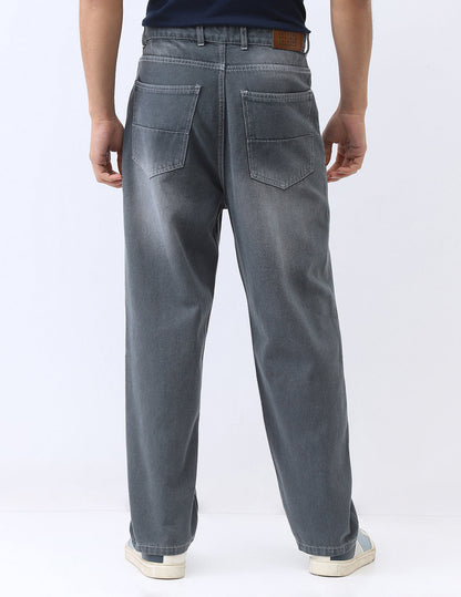 Men's Grey Loose Baggy Fit Washed Jeans Non-Stretchable