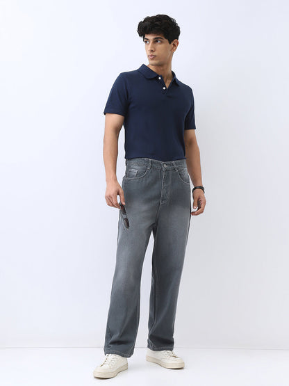 Men's Grey Loose Baggy Fit Washed Jeans Non-Stretchable