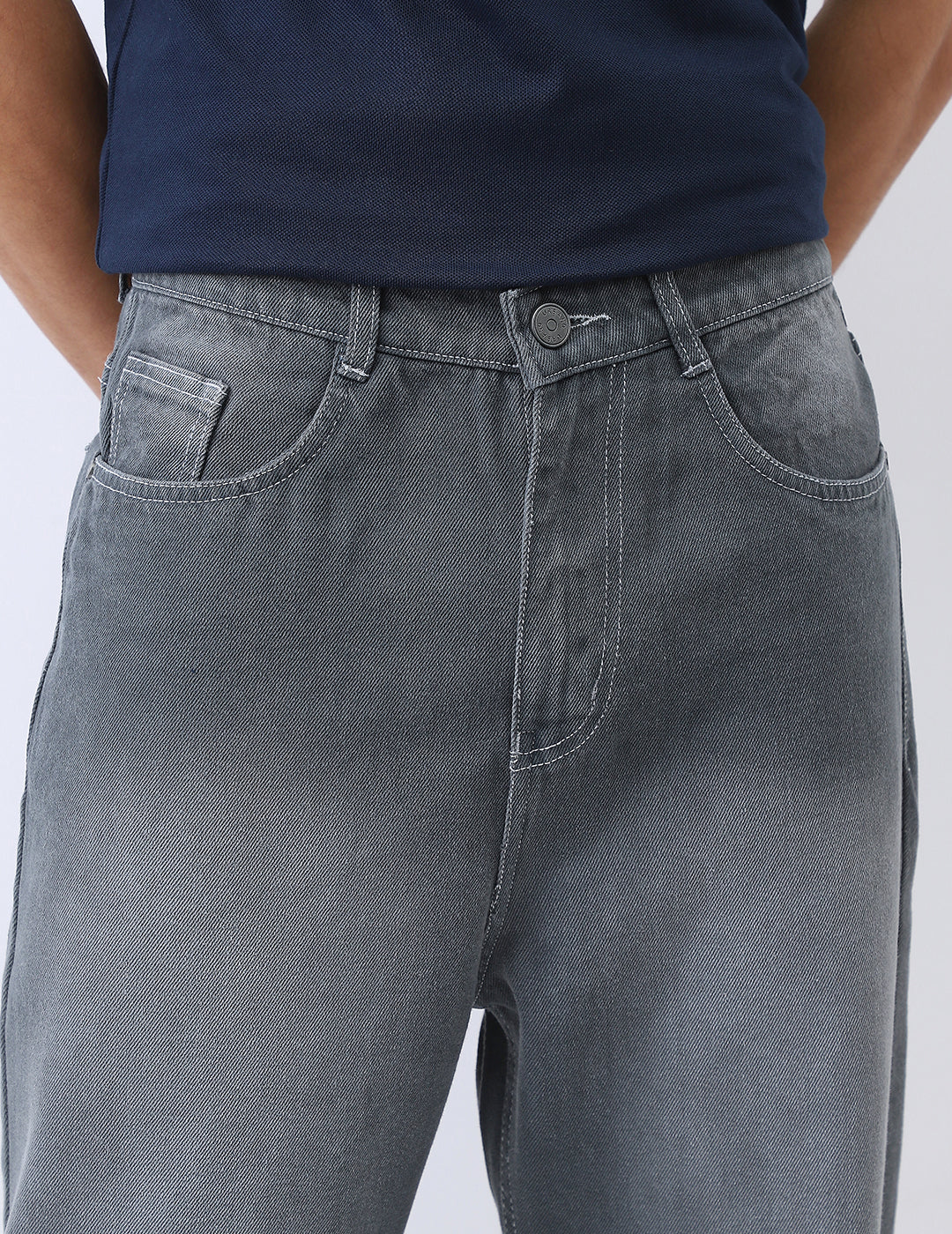 Men's Grey Loose Baggy Fit Washed Jeans Non-Stretchable