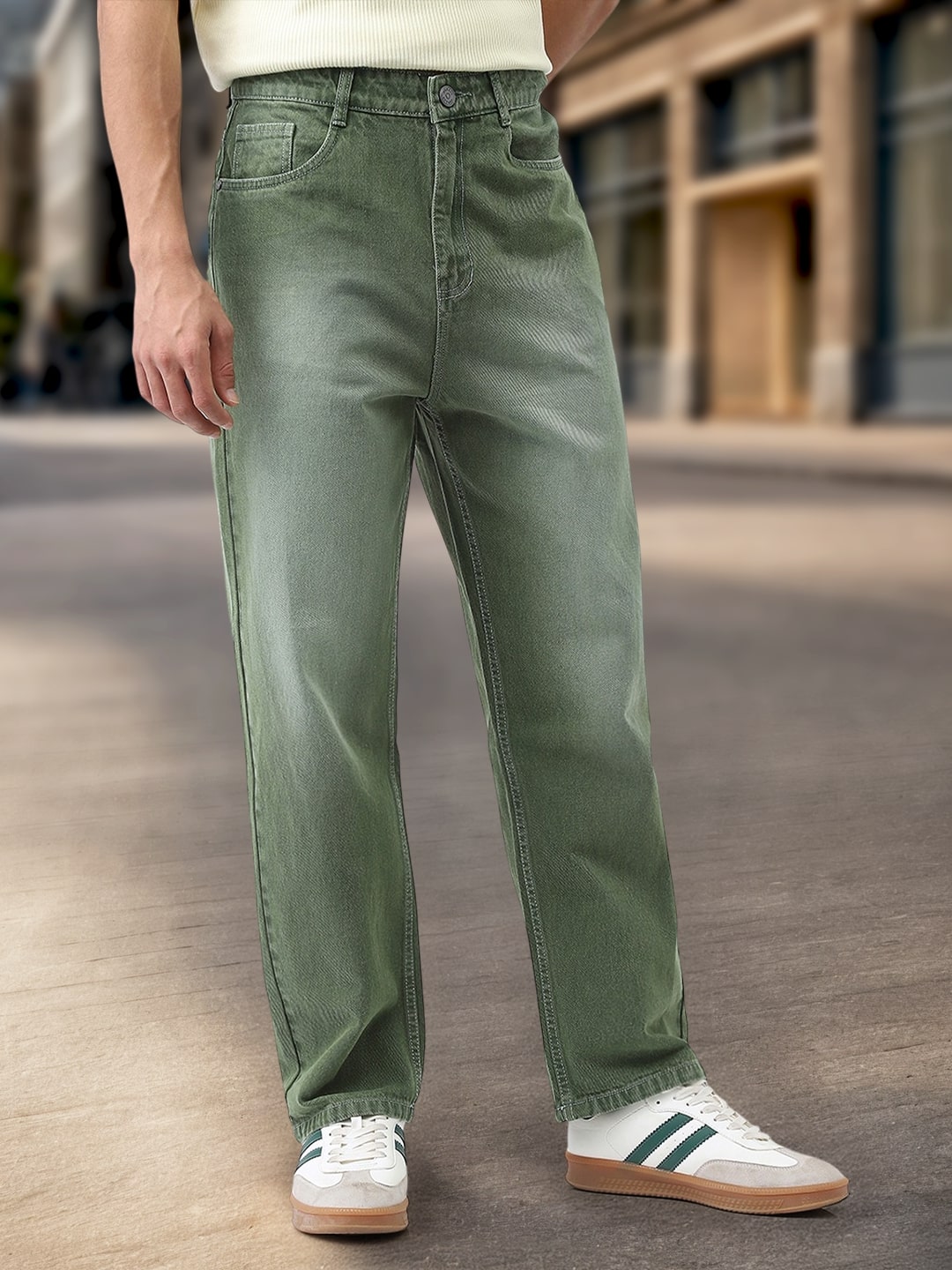 Men's Olive Loose Baggy Fit Washed Jeans Non-Stretchable