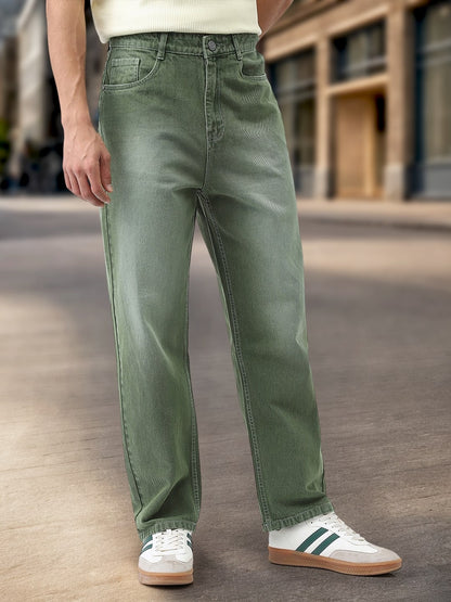 Men's Olive Loose Baggy Fit Washed Jeans Non-Stretchable