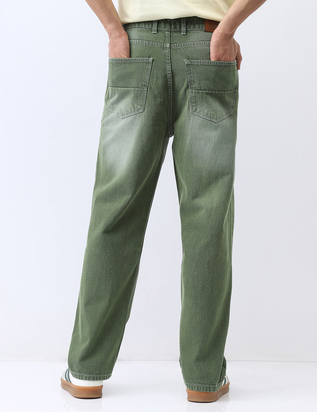 Men's Olive Loose Baggy Fit Washed Jeans Non-Stretchable