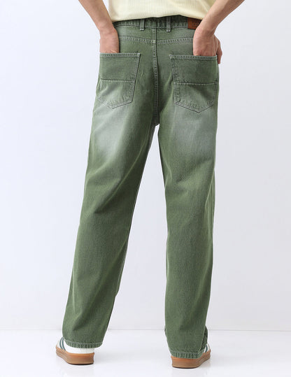 Men's Olive Loose Baggy Fit Washed Jeans Non-Stretchable