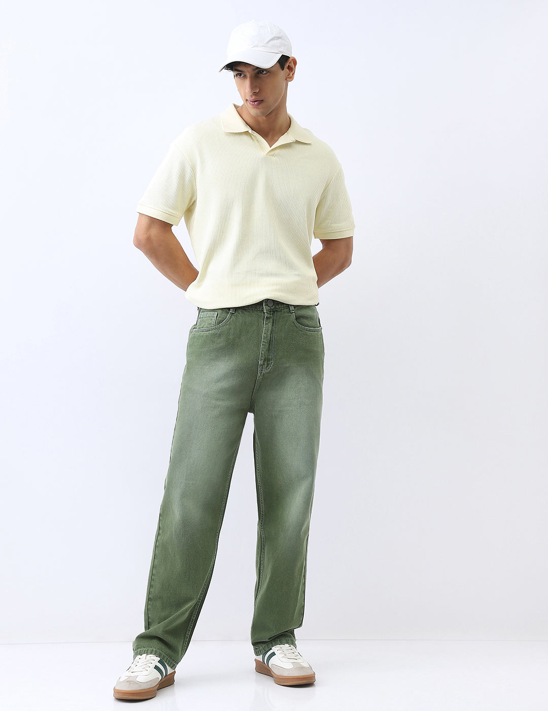 Men's Olive Loose Baggy Fit Washed Jeans Non-Stretchable