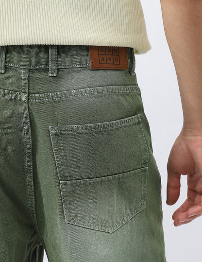 Men's Olive Loose Baggy Fit Washed Jeans Non-Stretchable