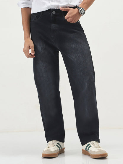 Men's Black Loose Baggy Fit Washed Denim Jeans Non-Stretchable