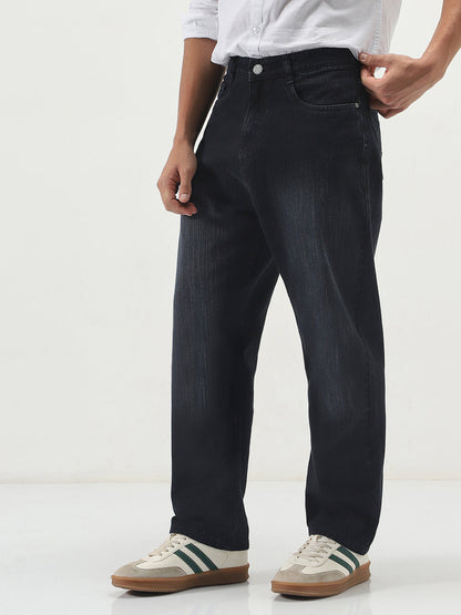 Men's Black Loose Baggy Fit Washed Denim Jeans Non-Stretchable
