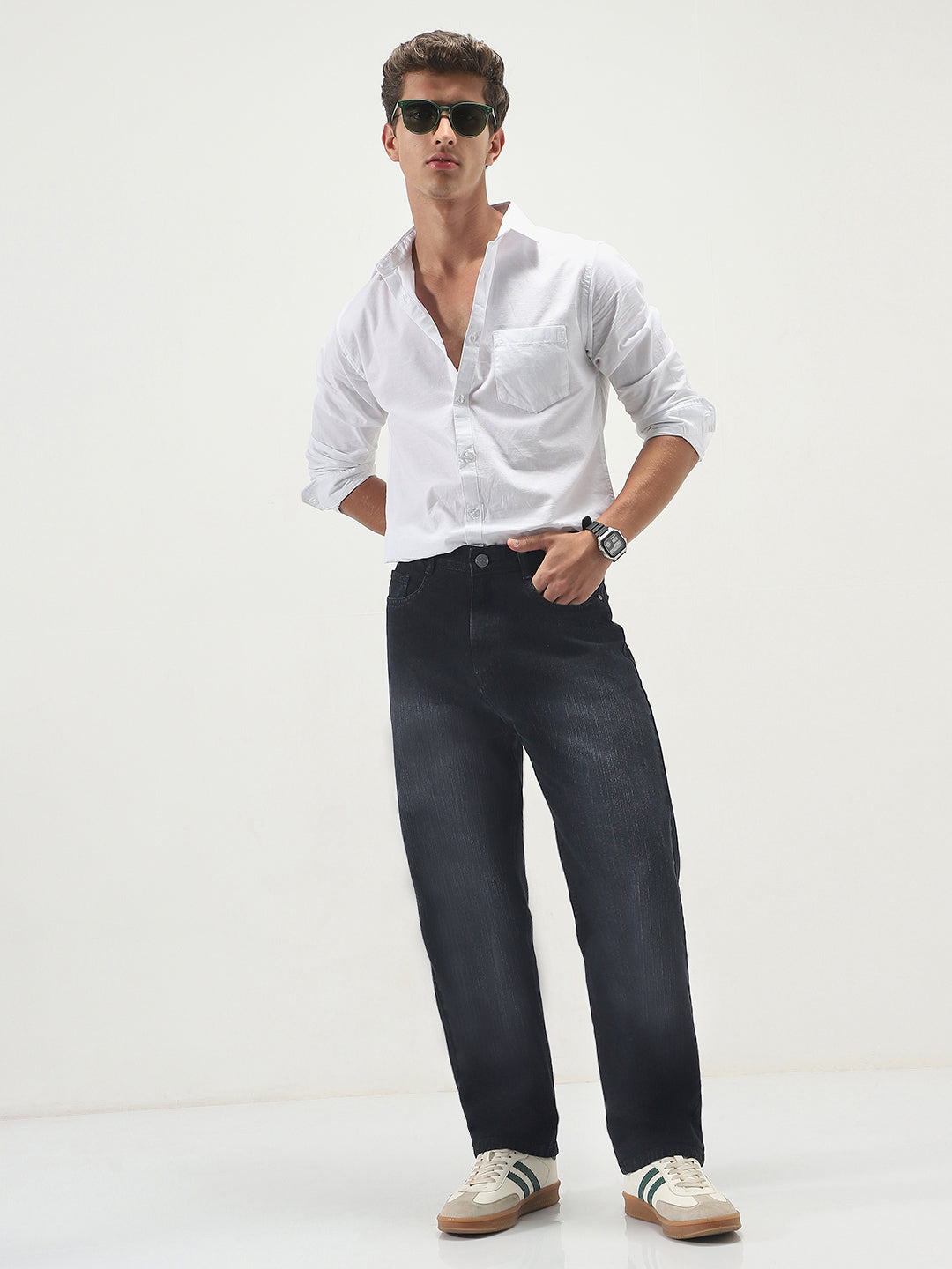 Men's Black Loose Baggy Fit Washed Denim Jeans Non-Stretchable