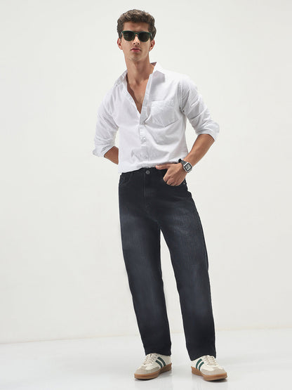 Men's Black Loose Baggy Fit Washed Denim Jeans Non-Stretchable