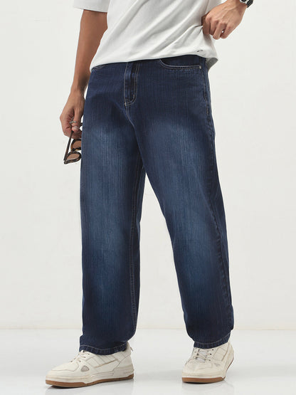 Men's Dark Blue Loose Baggy Fit Washed Denim Jeans Non-Stretchable