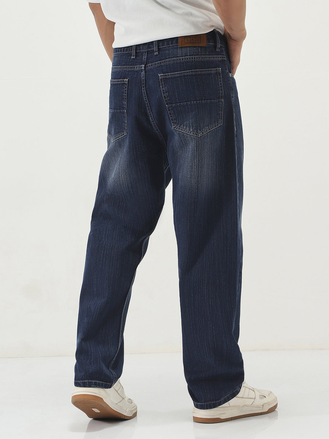 Men's Dark Blue Loose Baggy Fit Washed Denim Jeans Non-Stretchable